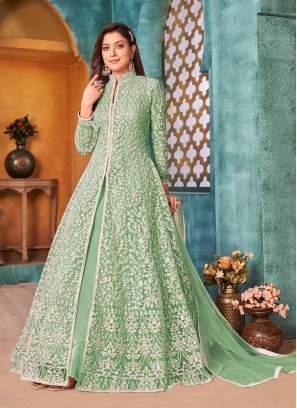Green Color Net Sequins Embroidered Long Suit