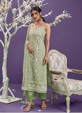 Green Color Net Straight Suits