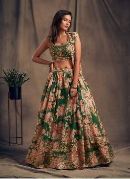 Green Color Printed Party Wear Lehenga
