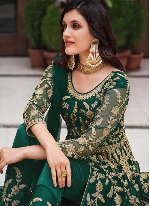 Green Colour Sequance Embroidery Work Front Cut Suit
