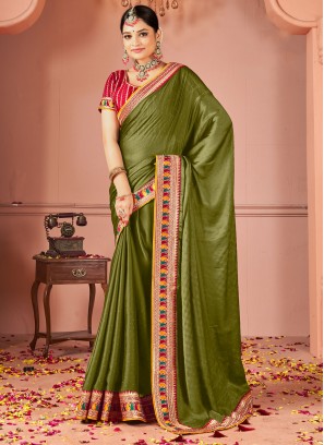 Green Embroidered Ceremonial Classic Saree