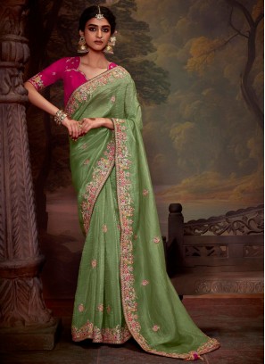 Green Embroidered Organza Contemporary Saree