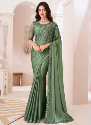 Green Georgette Satin Designer Saree