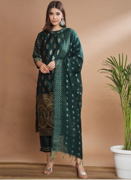 Green Jacquard Work Cotton Silk Readymade Salwar Kameez