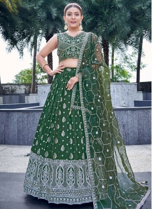 Green Jacquard Work Mehndi Readymade Lehenga Choli