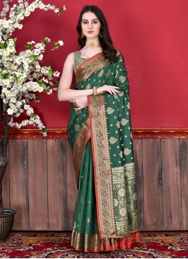 Green Katan Silk Mehndi Classic Saree