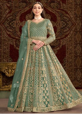 Green Net Sequins Floor Length Gown