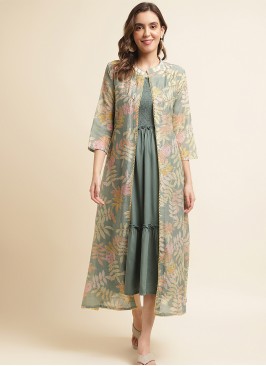Green Rayon Solid Dress with Printed Shrug