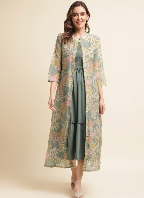 Green Rayon Solid Dress with Printed Shrug