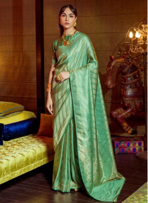 Green Satin Embroidered Contemporary Saree
