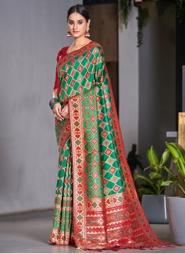 Green Satin Silk Engagement Trendy Saree