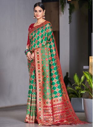 Green Satin Silk Engagement Trendy Saree