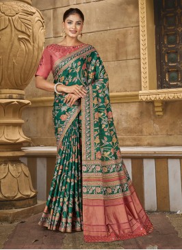 Green Silk Floral Print Trendy Saree