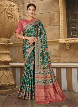 Green Silk Floral Print Trendy Saree