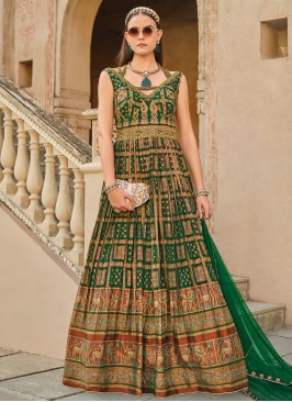 Green Silk Foil Print Trendy Gown