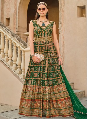 Green Silk Foil Print Trendy Gown