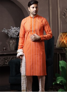 Orange Silk Kurta Pajama with Off White ArtSilk Tr