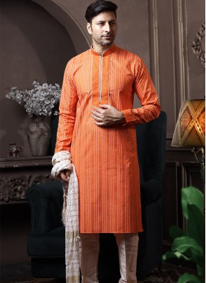 Orange Silk Kurta Pajama with Off White ArtSilk Trouser.