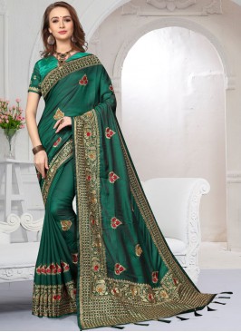 Green Zari Satin Silk Designer Saree