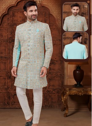 Teal Green and Off White Lucknowie whth abla and thread work Indo-Western Ensemble.