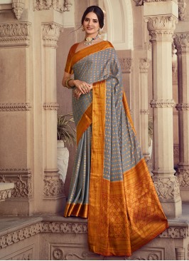 Grey and Orange Silk Weaving Trendy Saree