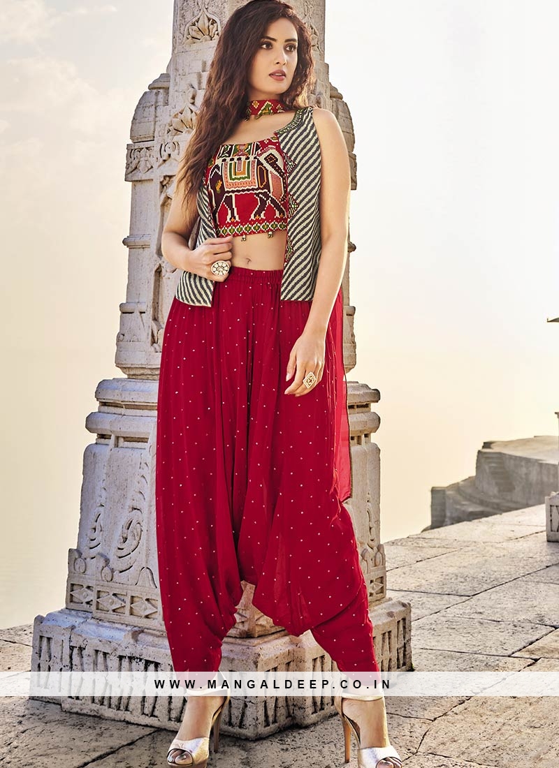 grey and red silk patola top with dhoti pants 46818