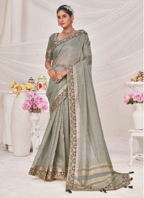 Grey Ceremonial Banarasi Silk Contemporary Saree