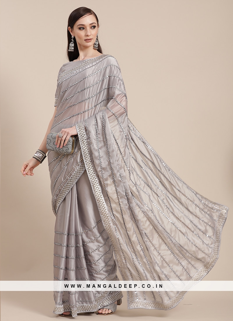 Grey Color Lycra Material Designer Saree With Sequins Work