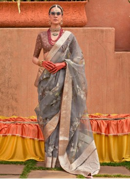 Grey Digital Print Organza Trendy Saree