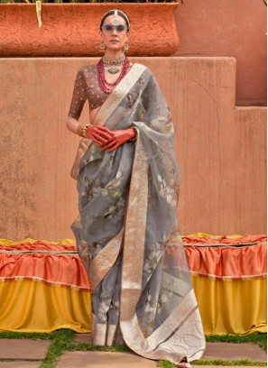 Grey Digital Print Organza Trendy Saree