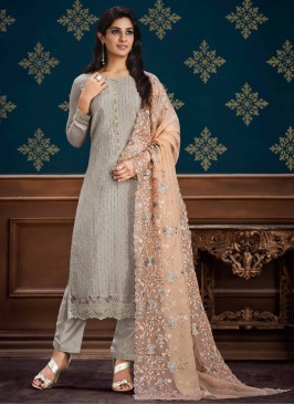 Grey Embroidered Chinon Straight Salwar Suit
