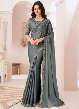 Grey Embroidered Traditional Saree