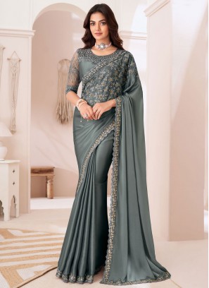 Grey Embroidered Traditional Saree