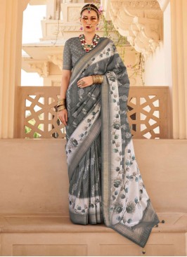 Grey Foil Print Silk Designer Saree