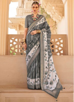 Grey Foil Print Silk Designer Saree