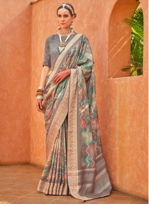 Grey Foil Print Trendy Saree