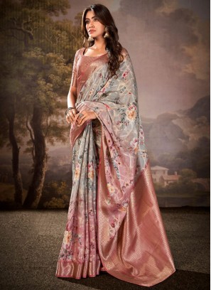 Grey Print Cotton Satin Designer Saree