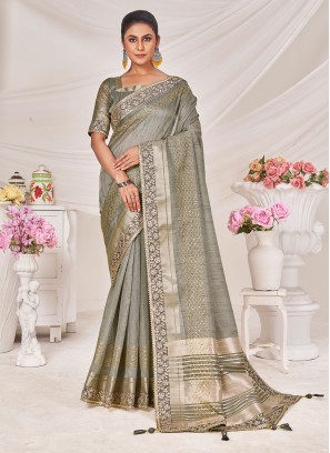 Grey Silk Embroidered Classic Saree