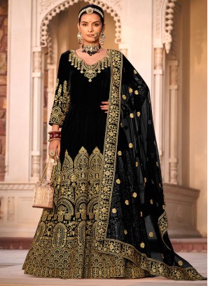 Gripping Velvet Embroidered Black Trendy Anarkali Salwar Kameez