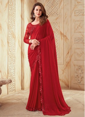 Groovy Embroidered Silk Red Classic Saree