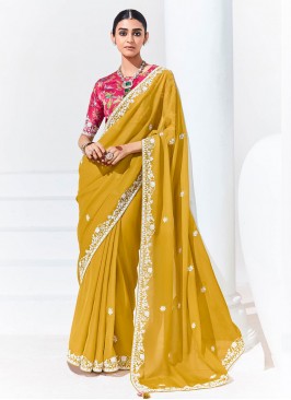 Groovy Organza Embroidered Mustard Contemporary Saree