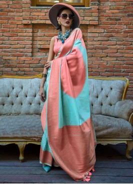 Handloom silk Aqua Blue and Peach Weaving Contemporary Saree