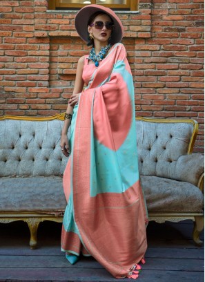 Handloom silk Aqua Blue and Peach Weaving Contemporary Saree