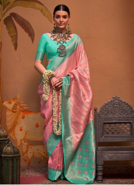 Handloom silk Aqua Blue and Pink Contemporary Saree