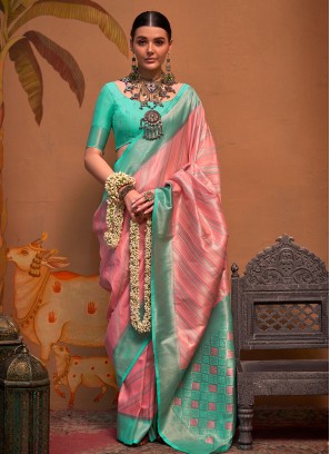 Handloom silk Aqua Blue and Pink Contemporary Saree