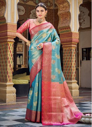 Handloom silk Blue Weaving Contemporary Style Saree