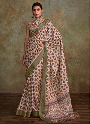 Handloom silk Multi Colour Printed Trendy Saree