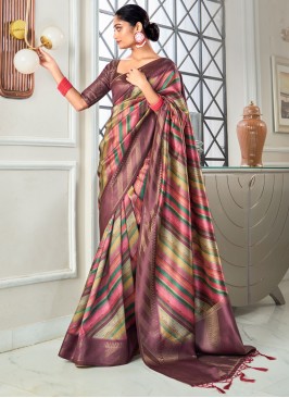 Handloom silk Purple Print Designer Saree