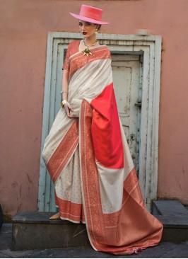 Handloom silk Weaving Designer Saree in Grey and Red