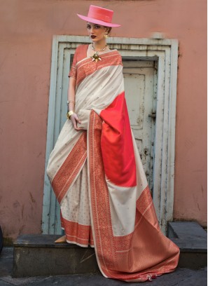 Handloom silk Weaving Designer Saree in Grey and Red